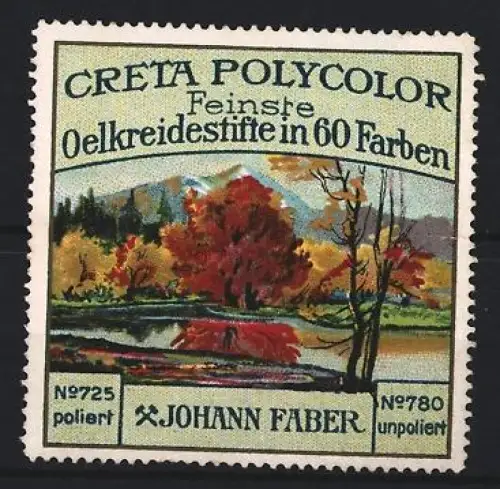 Reklamemarke Johann Faber, Creta Polycolor Ölkreidestifte, Landschaftsmotiv mit Bäumen