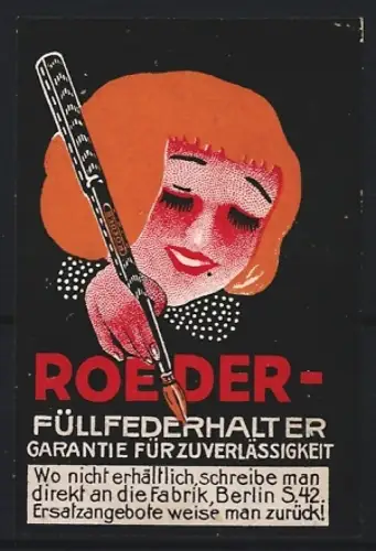 Reklamemarke Berlin, Roeder, Füllfederhalter, Frau mit Füllfederhalter