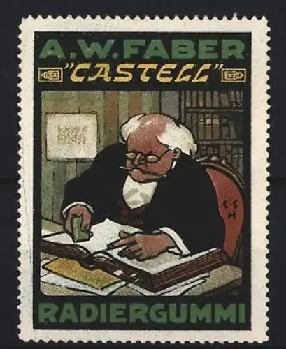Reklamemarke A.W. Faber, Castell Radiergummi, Gelehrter am Schreibtisch
