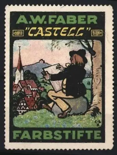 Reklamemarke A.W. Faber, Castell Farbstifte, Künstler beim Zeichnen