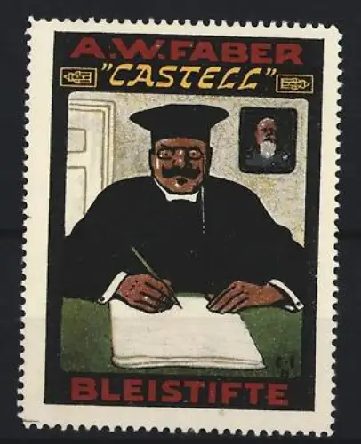 Reklamemarke A.W. Faber, Castell Bleistifte, Schreibender Mann