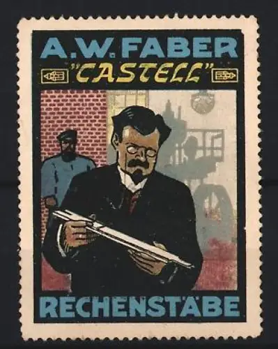 Reklamemarke A.W. Faber, Castell Rechenstäbe, Mann mit Rechenstab