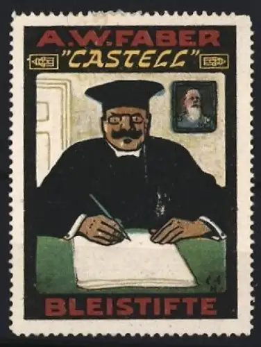 Reklamemarke A.W. Faber, Castell Bleistifte, Gelehrter am Schreibtisch