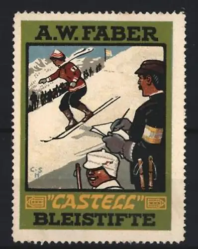Reklamemarke A.W. Faber, Castell Bleistifte, Skispringer und Schiedsrichter