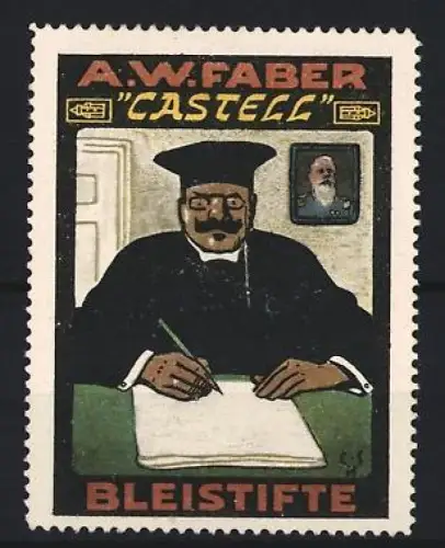 Reklamemarke A.W. Faber, Castell Bleistifte, Mann mit Bleistift