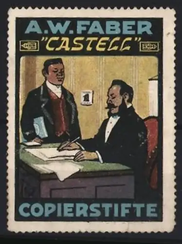 Reklamemarke A.W. Faber, Castell Kopierstifte, Schreibtischszene, Copierstifte