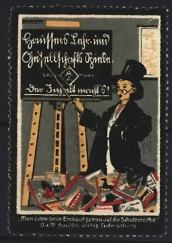Reklamemarke Hauffen, Lehr- und Gesellschaftsspiele, Kind in Lehrerverkleidung an einer Tafel