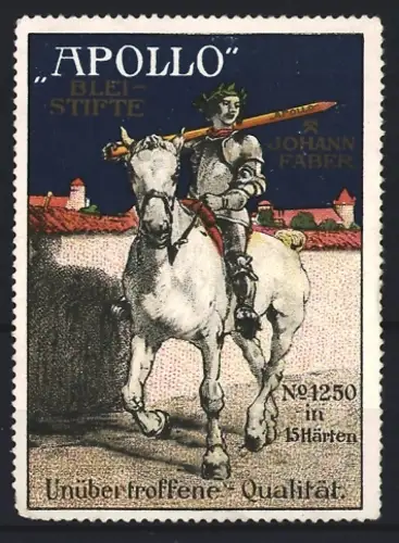 Reklamemarke Johann Faber, Apollo Bleistifte, Ritter auf Pferd mit Bleistift