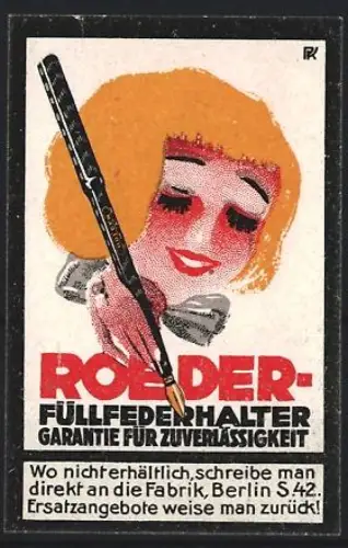 Reklamemarke Berlin, Roeder, Füllfederhalter, Frau mit Füllfederhalter