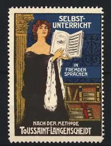 Reklamemarke Langenscheidt, Selbstunterricht in Fremdsprachen, Frau mit Buch