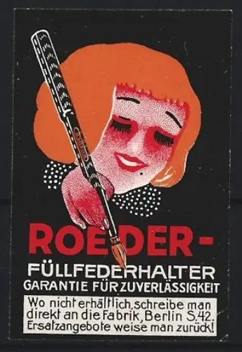 Reklamemarke Berlin, Roeder, Füllfederhalter, Frau mit Füllfederhalter