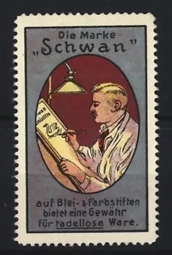Reklamemarke Schwan Blei- und Farbstifte, Zeichner mit Stift und Papier