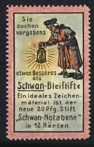 Reklamemarke Schwan, Bleistifte, Mann mit einer Laterne