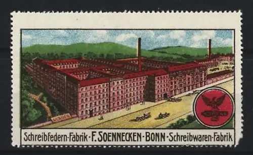 Reklamemarke Bonn, F. Soennecken, Schreibwaren-Fabrik, Fabrikgebäude aus der Vogelschau