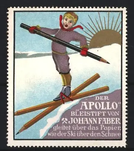 Reklamemarke Johann Faber, Apollo Bleistift, Skifahrer mit Bleistift