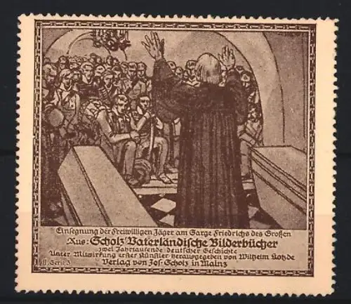 Reklamemarke Mainz, Jos. Scholz, Verlag, Vaterländische Bilderbücher, Einsegnung der freiwilligen Jäger