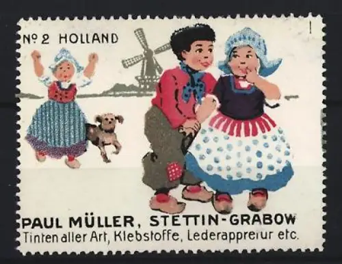 Reklamemarke Stettin, Paul Müller, Tinten und Klebstoffe, Kinder in Tracht mit Windmühle