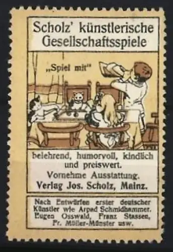 Reklamemarke Mainz, Jos. Scholz, Verlag, Künstlerische Gesellschaftsspiele, Spielszene am Tisch