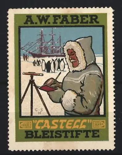 Reklamemarke A.W. Faber, Castell Bleistifte, Polarforscher mit Pinguinen