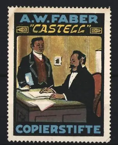 Reklamemarke A.W. Faber, Castell Kopierstifte, Schreibtischszene