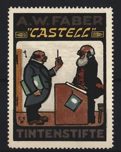 Reklamemarke A. W. Faber, Castell Tintenstifte, zwei Männer mit Tafel und Buch