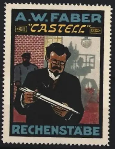 Reklamemarke A.W. Faber, Castell Rechenstäbe, Mann mit Rechenstab