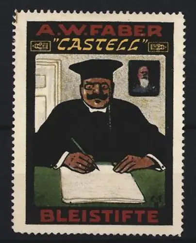 Reklamemarke A.W. Faber, Castell Bleistifte, schreibender Mann