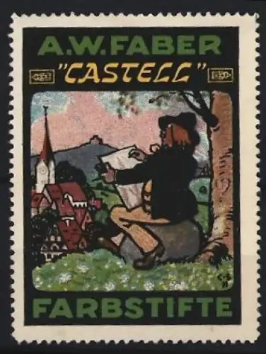 Reklamemarke A.W. Faber, Castell Farbstifte, malender Künstler im Freien