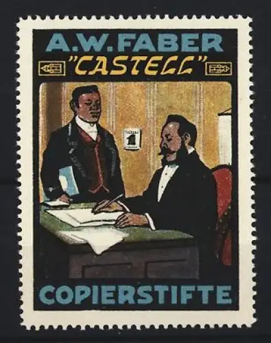 Reklamemarke A.W. Faber, Castell Kopierstifte, Schreibtischszene mit Kopierstiften