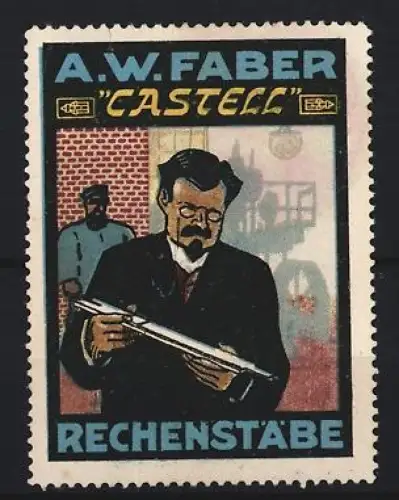 Reklamemarke A.W. Faber, Castell Rechenstäbe, Mann mit Rechenstab