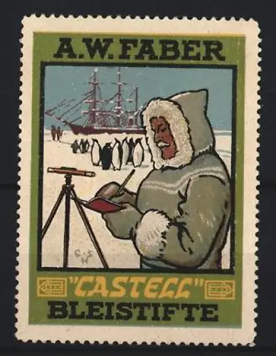 Reklamemarke A.W. Faber, Castell Bleistifte, Polarforscher mit Pinguinen