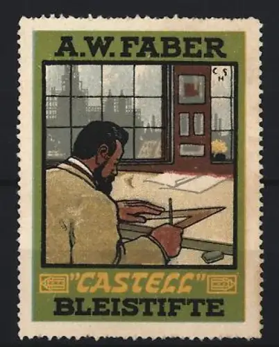 Reklamemarke A.W. Faber, Castell Bleistifte, Zeichner am Tisch
