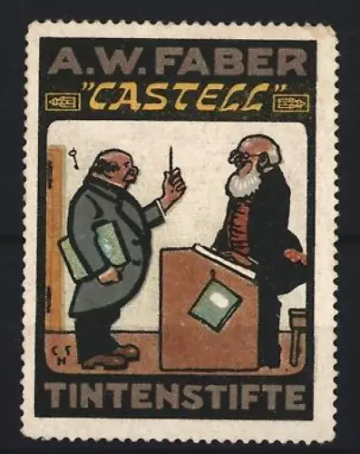 Reklamemarke A.W. Faber, Castell Tintenstifte, zwei Männer am Tisch