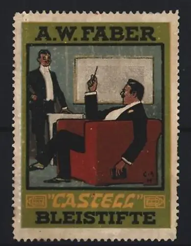Reklamemarke A.W. Faber, Castell Bleistifte, Geschäftsmann im Sessel