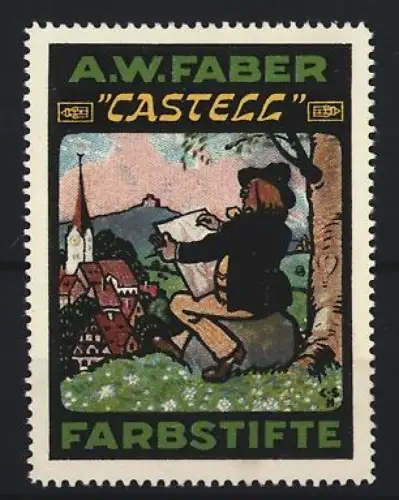 Reklamemarke A.W. Faber, Castell Farbstifte, Zeichner unter Baum