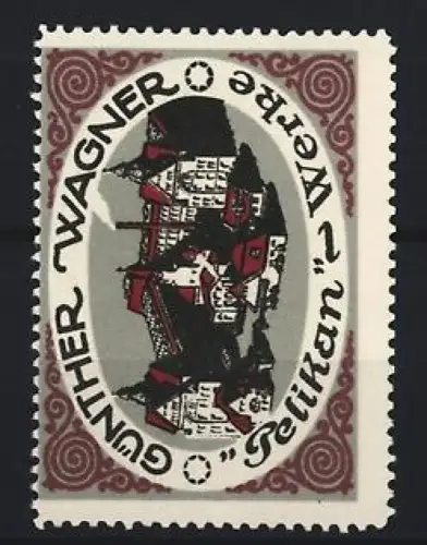 Reklamemarke Günther Wagner, Pelikan Stifte und Schreibutensilien, Ortspartie aus der Vogelschau