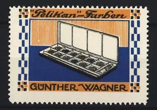 Reklamemarke Günther Wagner, Pelikan-Farben, Farbkasten