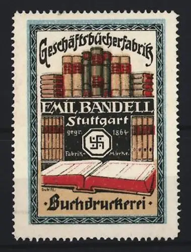 Reklamemarke Stuttgart, Emil Bandell, Buchdruckerei, Bücherregal, 