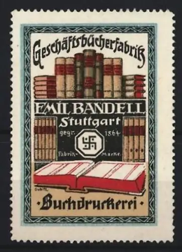 Reklamemarke Stuttgart, Emil Bandell, Buchdruckerei, Bücher in einem Regal, 