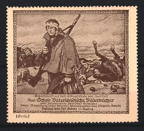 Reklamemarke Mainz, Jos. Scholz, Verlag, Vaterländische Bilderbücher, Gerhard von Scharnhorst in Auerstedt