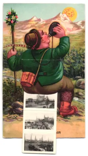 Leporello-AK Antwerpen, Bergsteiger mit Ansichten von Rathaus, Kirche, Hafen, Strassenpartien, Strassenbahnen