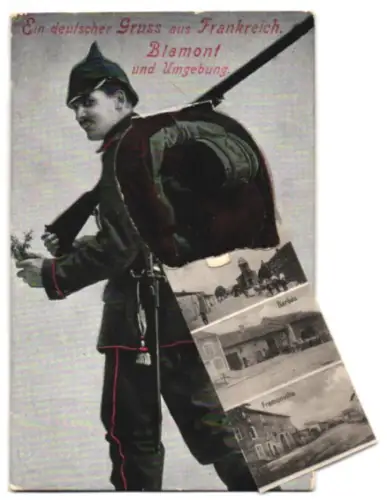Leporello-AK Blamont, Soldat in Uniform mit Gewehr, Repaix Schloss, Barbas, Domevre