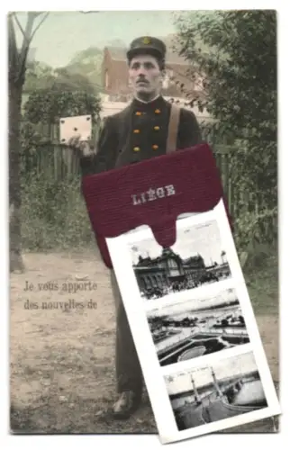 Leporello-AK Liége, Facteur, Place du Théâtre, L`Église St-Jacques, Le Pont, Palais des Beaux Arts