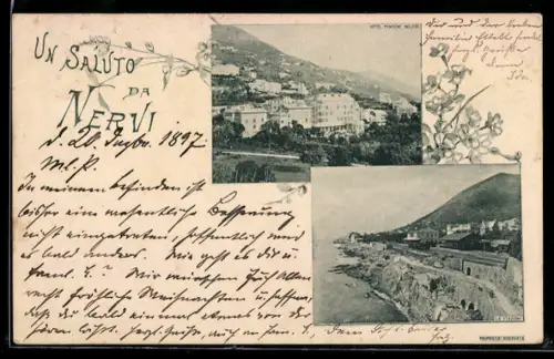 AK Nervi, Saluto con vedute panoramiche e fiori