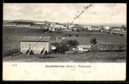 AK Grottaferrata /Roma, Panorama della campagna e del paese in lontananza