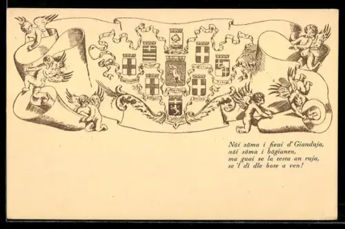 AK Milano, Stemma con angeli e testo in piemontese dedicato alla Famija Piemônteisa