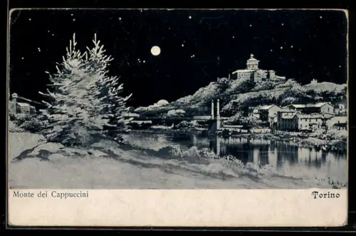 AK Torino, Monte dei Cappuccini di notte con luna e paesaggio innevato