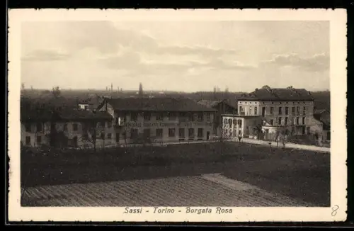 AK Torino, Sassi, Borgata Rosa, vista panoramica degli edifici e dei campi