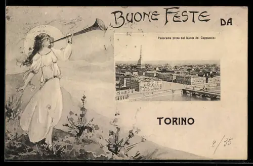 AK Torino, Panorama preso dal Monte dei Cappuccini con auguri di Buone Feste