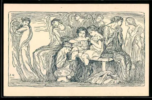 AK Torino, Illustrazione con figure femminili e poesia patriottica di Corrado Corradino